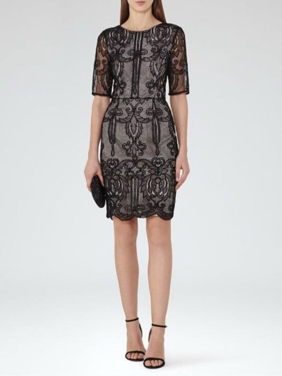 Reiss Dresses & Skirts - REISS Zola Lace Sheath Dress Size 8 Black Cream Neutral